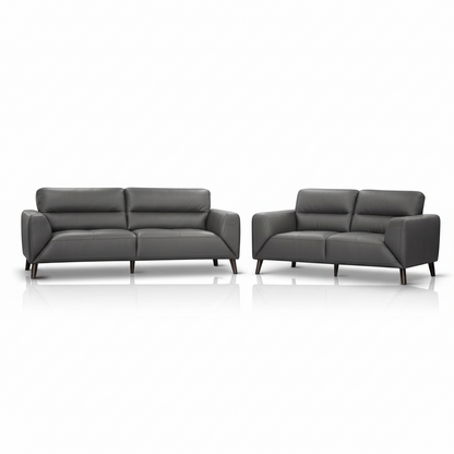Direct Furniture Depot Celeste gunmetal grey leather lounge set featuring a 3-seater and 2-seater sofa with timber legs