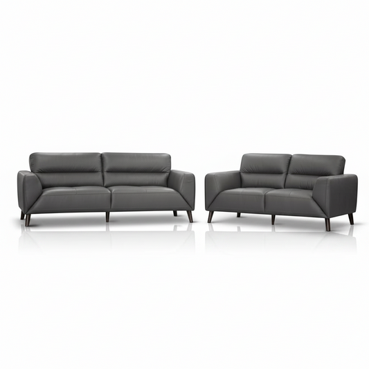 Direct Furniture Depot Celeste gunmetal grey leather lounge set featuring a 3-seater and 2-seater sofa with timber legs