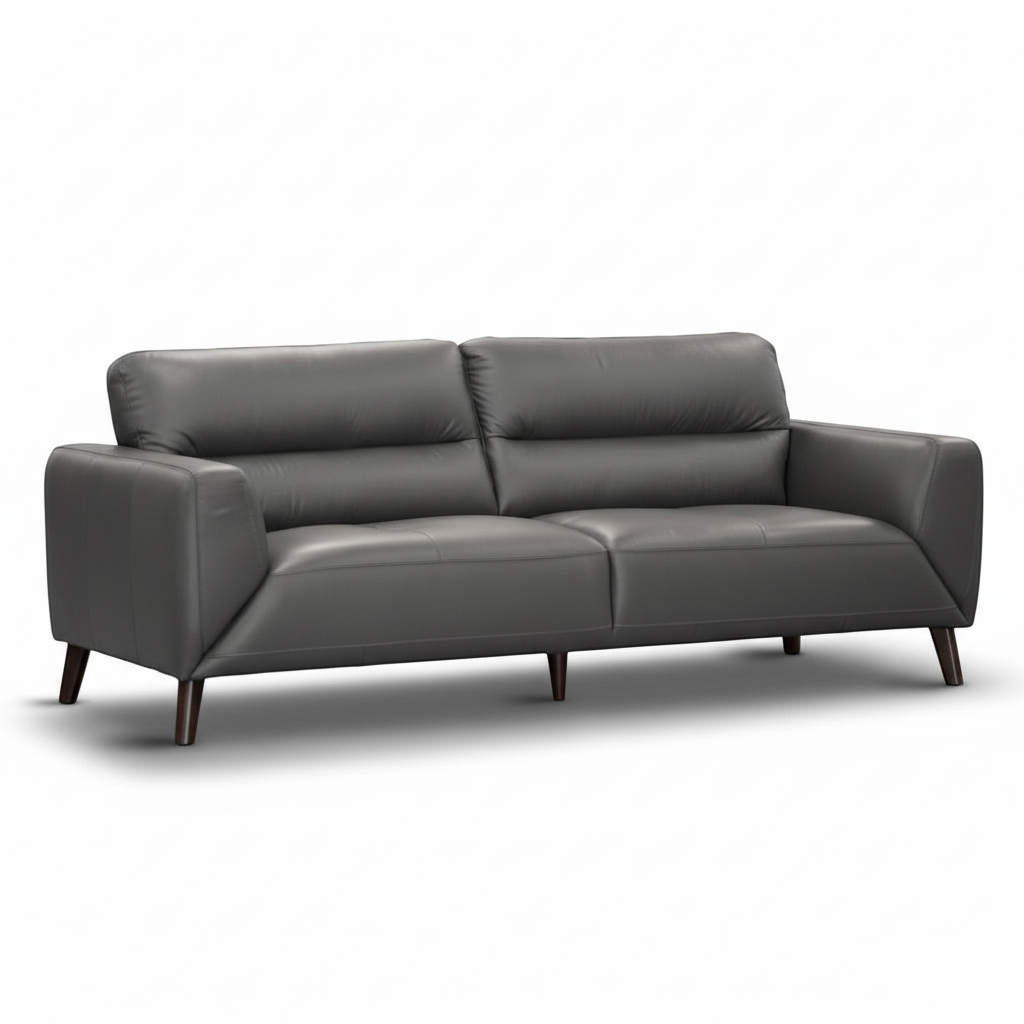 Direct Furniture Depot Celeste gunmetal grey leather 2 seater lounge with quilted seat and timber legs