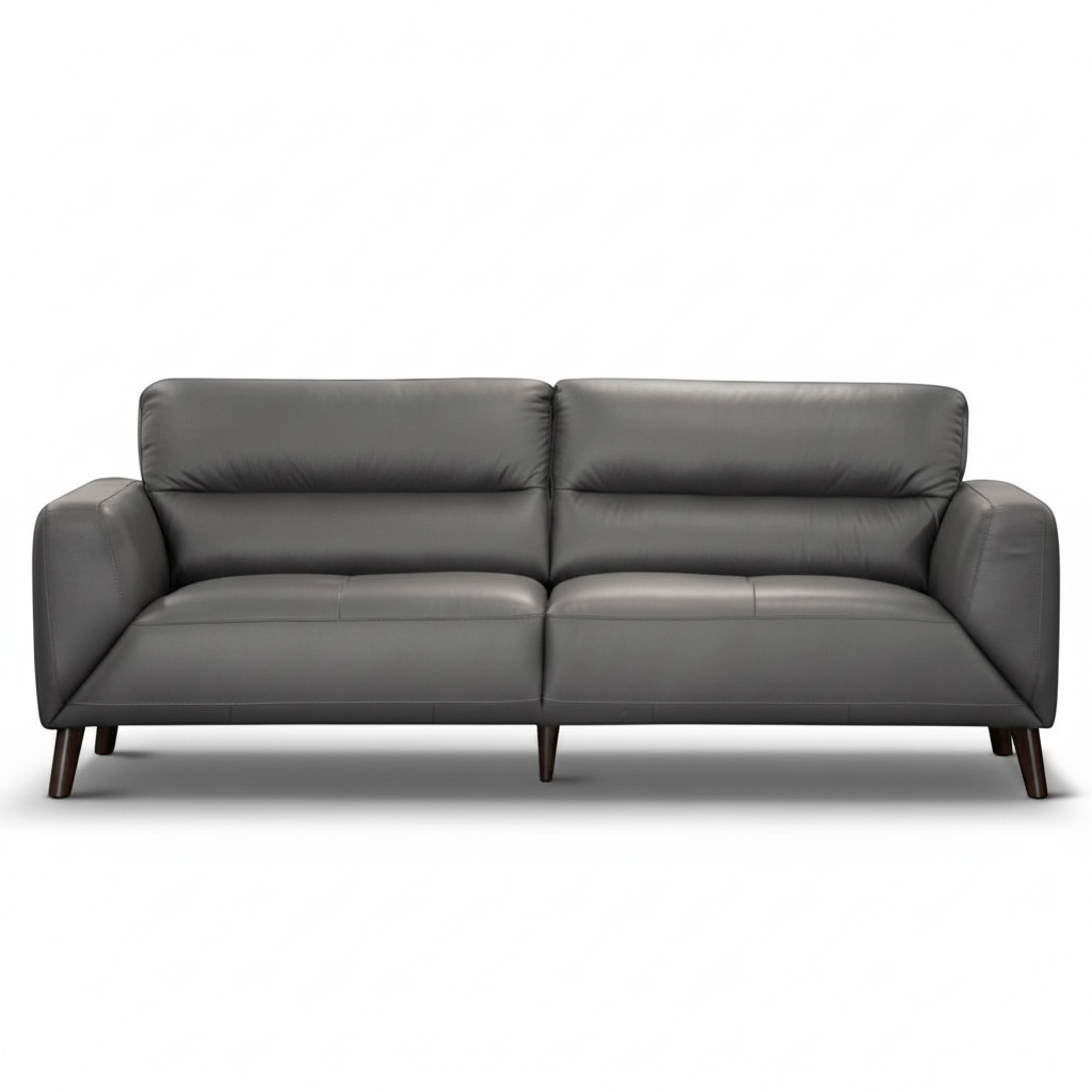 Direct Furniture Depot Celeste gunmetal grey leather 3 seater lounge with quilted seat and timber legs