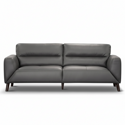Direct Furniture Depot Celeste gunmetal grey leather 3 seater lounge with quilted seat and timber legs