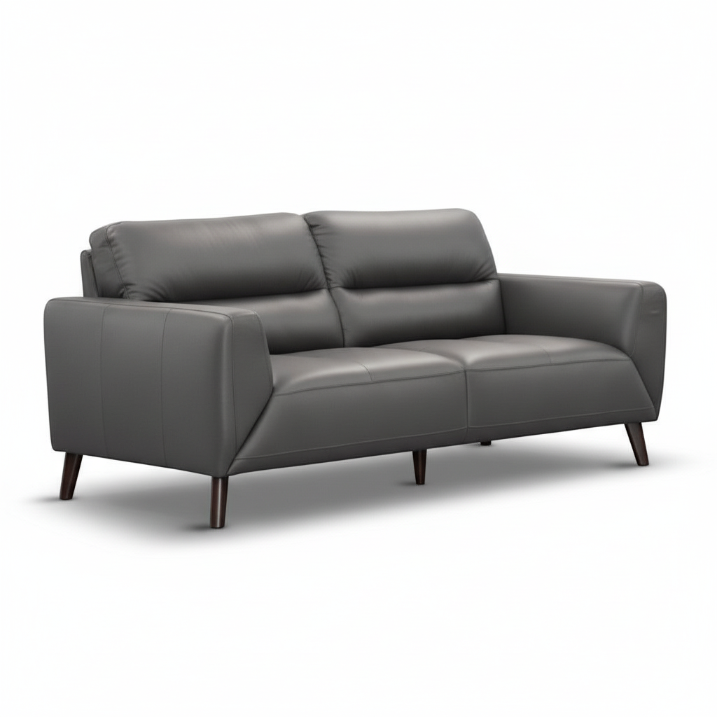 Direct Furniture Depot Celeste 2 seater gunmetal grey leather lounge with quilted seat and timber legs