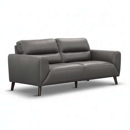 Direct Furniture Depot Celeste 2 seater gunmetal grey leather lounge with quilted seat and timber legs