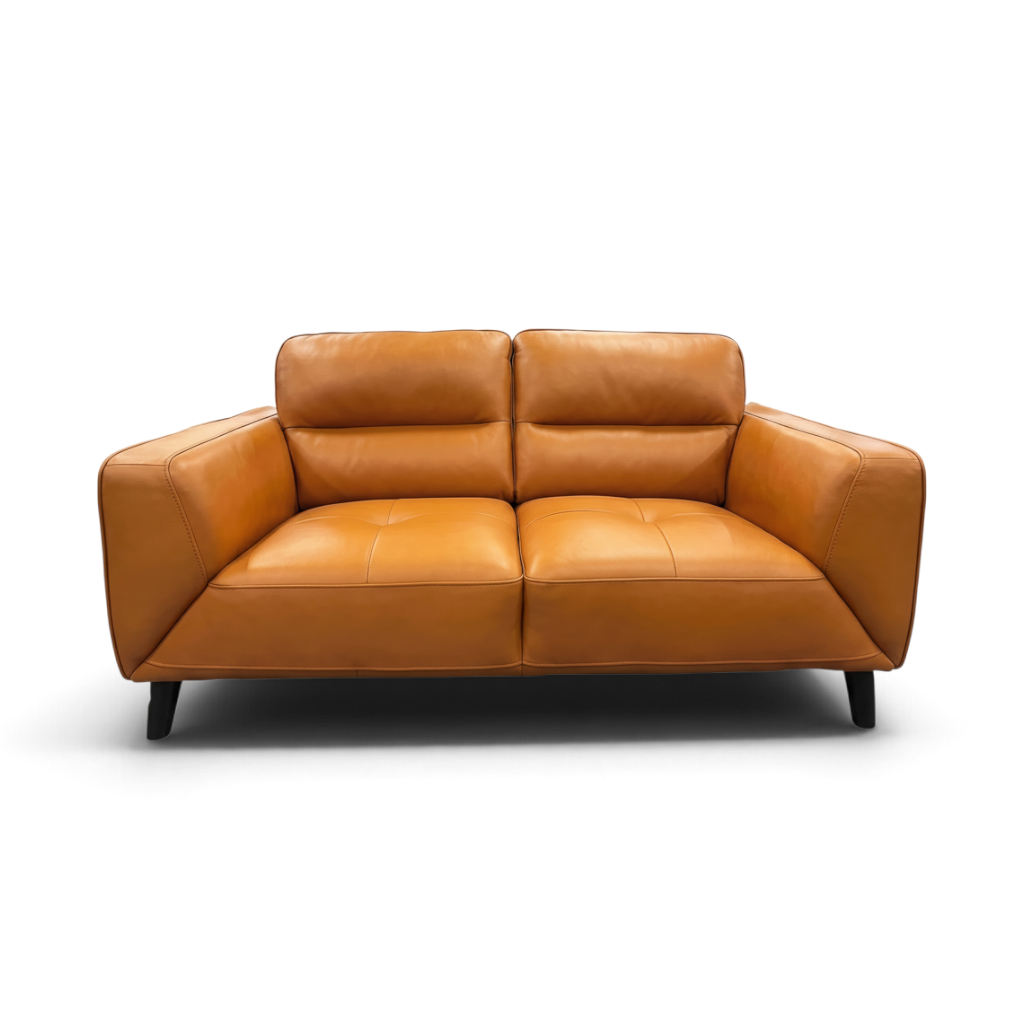 Direct Furniture Depot Celeste 2 seater dark orange leather lounge with quilted seat detailing and timber legs
