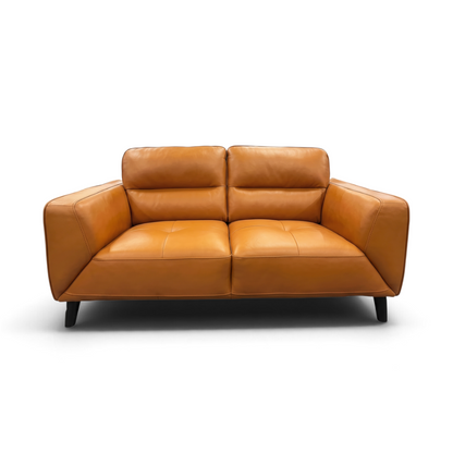 Direct Furniture Depot Celeste 2 seater dark orange leather lounge with quilted seat detailing and timber legs