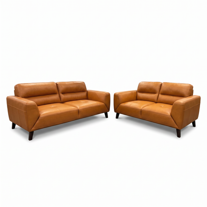 Direct Furniture Depot Celeste dark orange leather lounge set including a 3-seater and 2-seater sofa with timber legs.