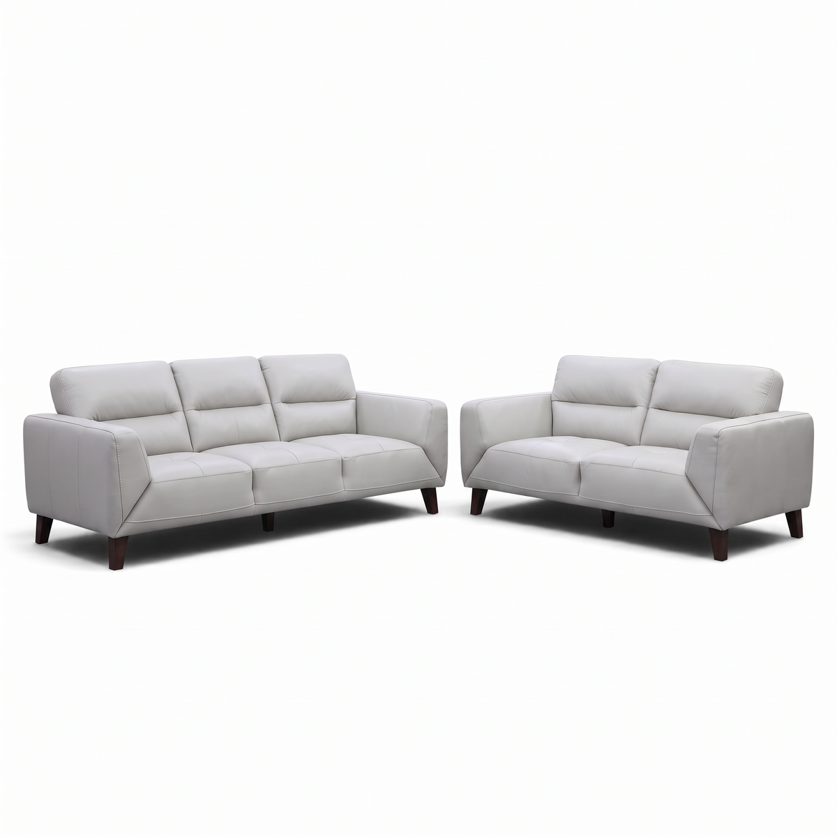 Direct Furniture Depot Celeste silver leather 3 seater and 2 seater lounge set with quilted seats and timber legs