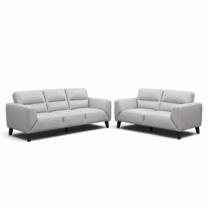 Direct Furniture Depot Celeste silver leather 3 seater and 2 seater lounge set with quilted seats and timber legs