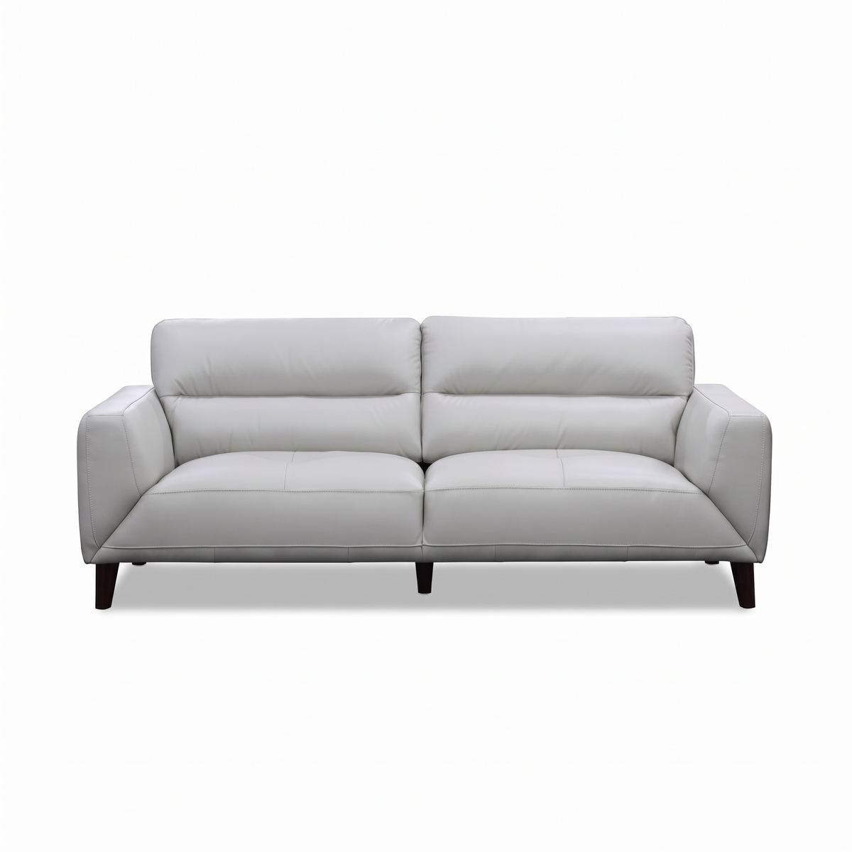 Direct Furniture Depot Celeste silver leather 2-seater lounge with quilted seat detailing and dark timber legs.