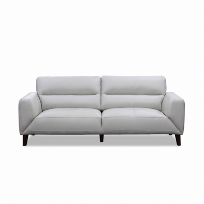 Direct Furniture Depot Celeste silver leather 2-seater lounge with quilted seat detailing and dark timber legs.