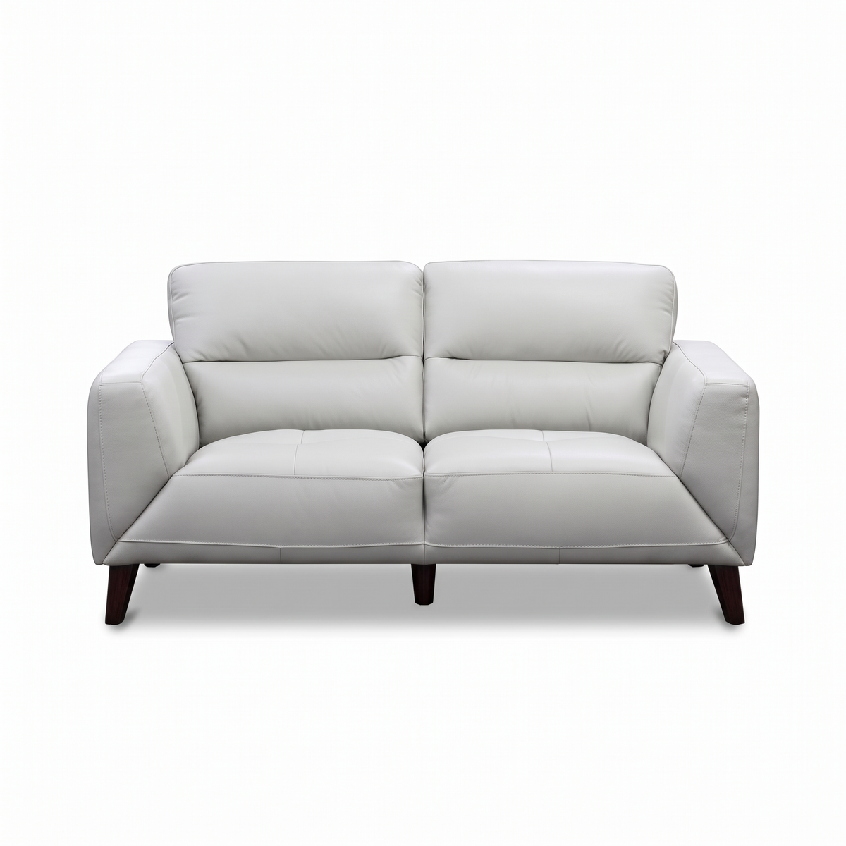 Direct Furniture Depot Celeste 2 seater silver leather lounge with quilted seat detailing and timber legs