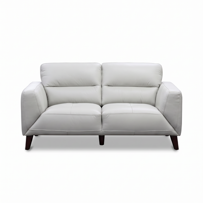 Direct Furniture Depot Celeste 2 seater silver leather lounge with quilted seat detailing and timber legs