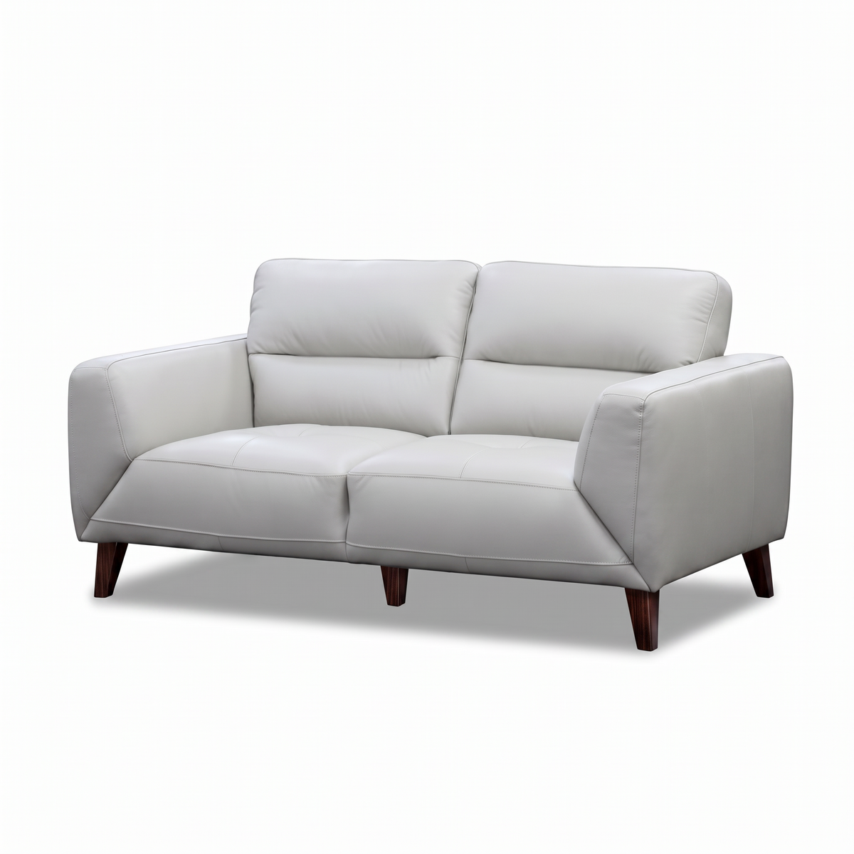 Direct Furniture Depot Celeste 2 seater silver leather lounge with quilted seat detailing and dark timber legs