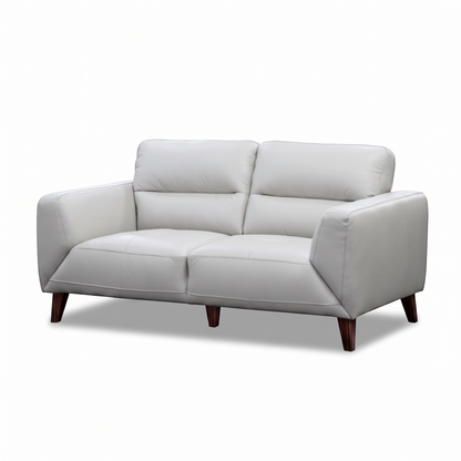 Direct Furniture Depot Celeste 2 seater silver leather lounge with quilted seat detailing and dark timber legs