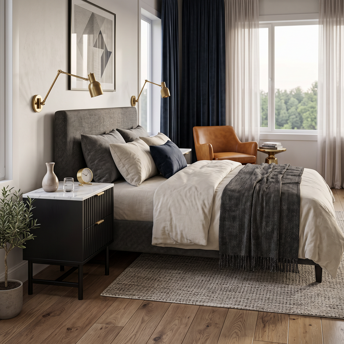 Direct Furniture Depot Celine black 2 drawer bedside table with marble-look top in a modern bedroom setting