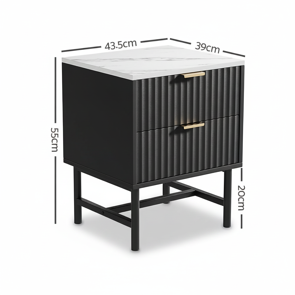 Direct Furniture Depot Celine black 2-drawer bedside table with white marble-look top and gold handles