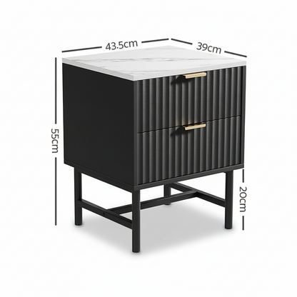 Direct Furniture Depot Celine black 2-drawer bedside table with white marble-look top and gold handles