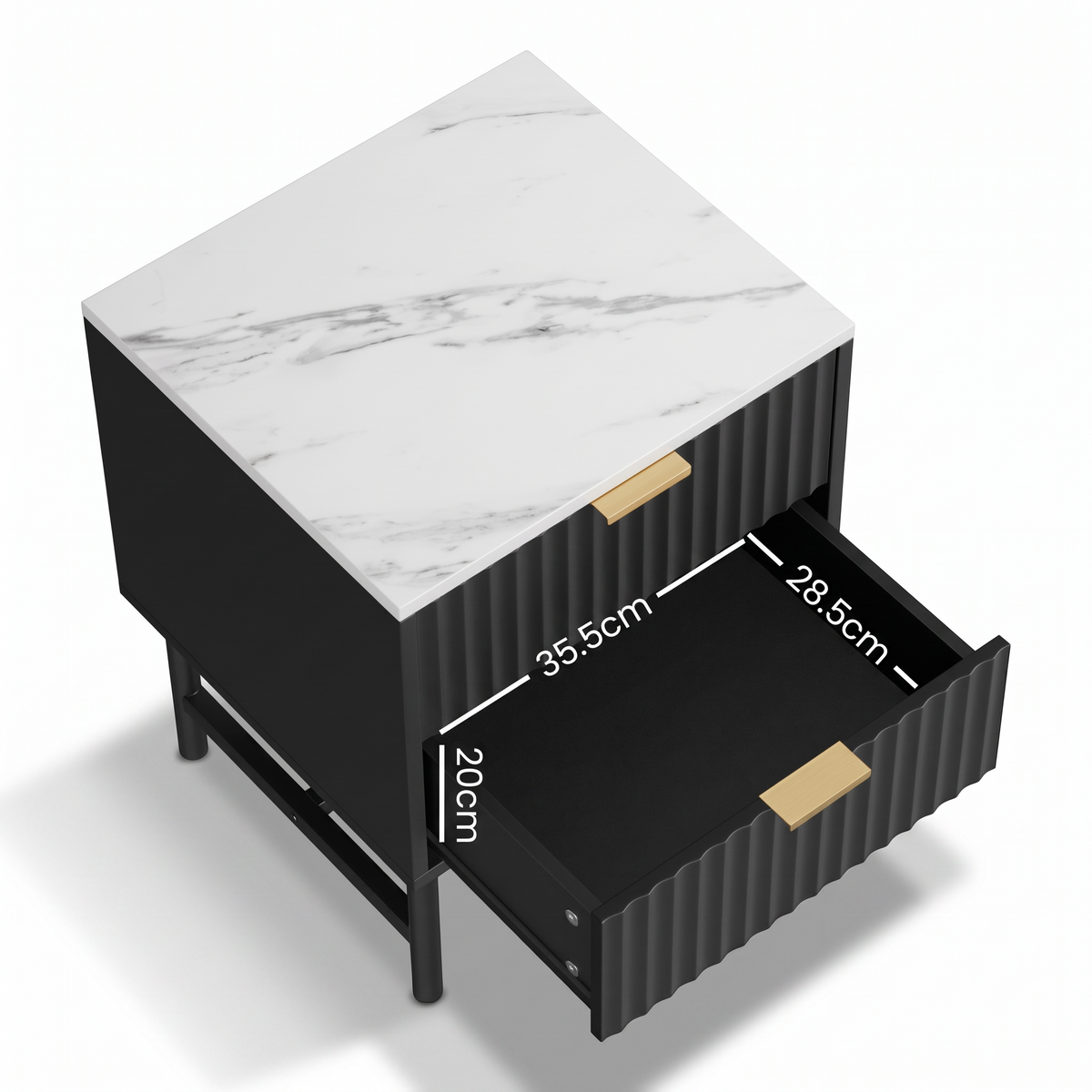 Direct Furniture Depot Celine 2 drawer bedside table with black fluted base, gold handles, and white marble-look top.