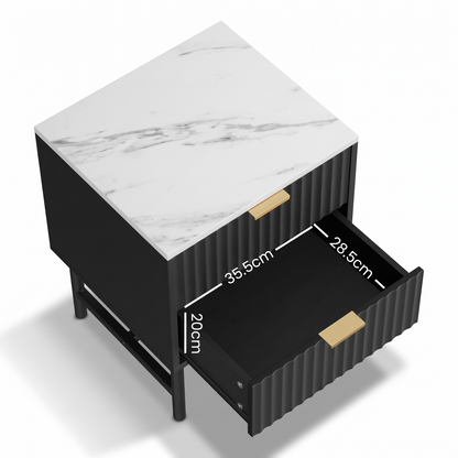 Direct Furniture Depot Celine 2 drawer bedside table with black fluted base, gold handles, and white marble-look top.
