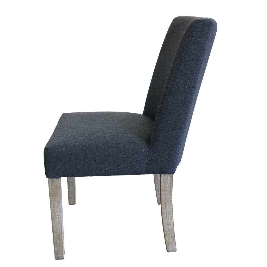 Direct Furniture Depot charcoal upholstered dining chair with a high back and light wooden legs, side view.