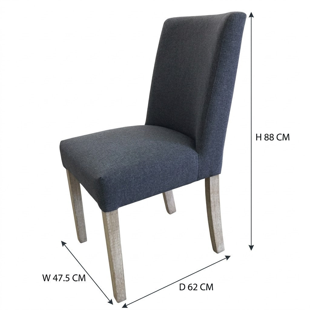 Direct Furniture Depot charcoal upholstered dining chair with high back and light wooden legs, shown with dimensions.