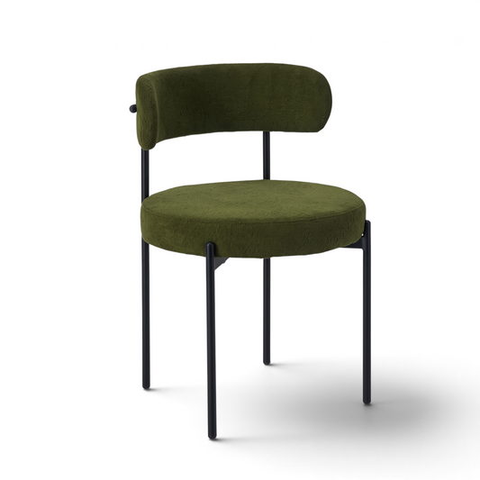 Direct Furniture Depot Lorne green boucle fabric dining chair with a contoured backrest and black powder-coated legs.