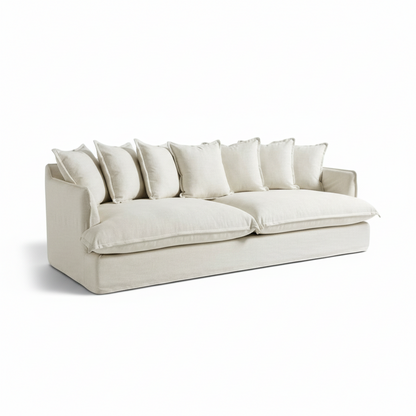 Direct Furniture Depot Hampton deep-seated white linen sofa with removable slip covers and plush scatter cushions