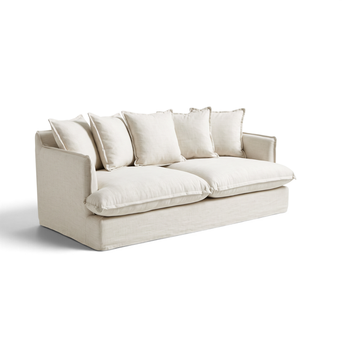 Direct Furniture Depot Hampton deep-seated white linen lounge with removable slip covers and plush scatter cushions
