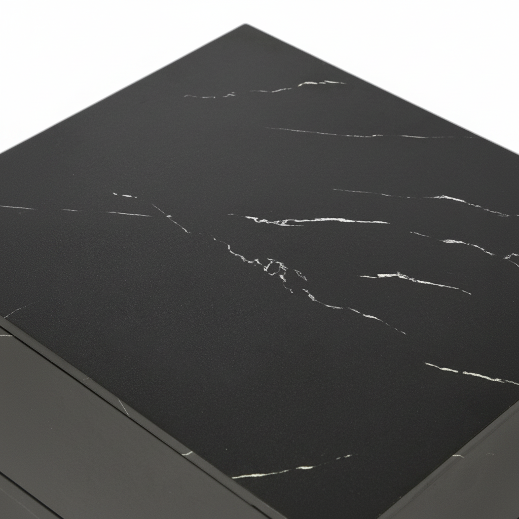Direct Furniture Depot Hayes bedside table featuring a black faux marble-effect tabletop with white veining.