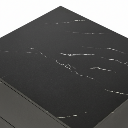Direct Furniture Depot Hayes bedside table featuring a black faux marble-effect tabletop with white veining.