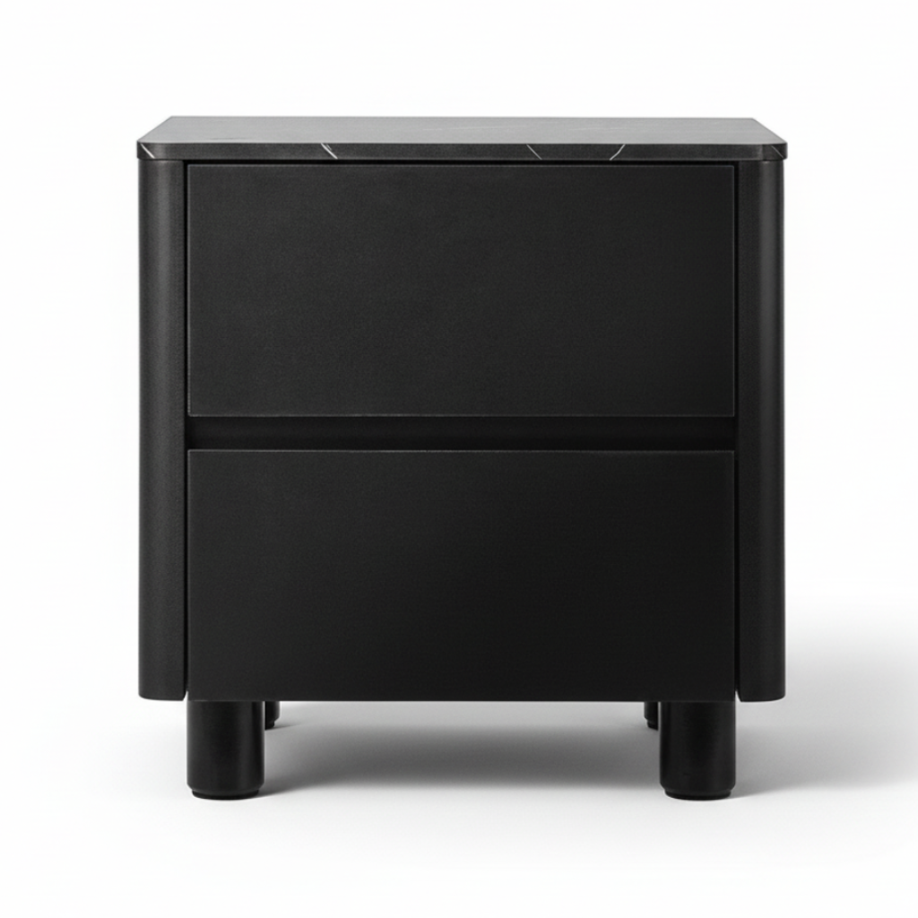 Direct Furniture Depot Hayes bedside table in black with a faux marble-effect top and two handle-free drawers.