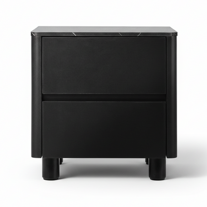 Direct Furniture Depot Hayes bedside table in black with a faux marble-effect top and two handle-free drawers.