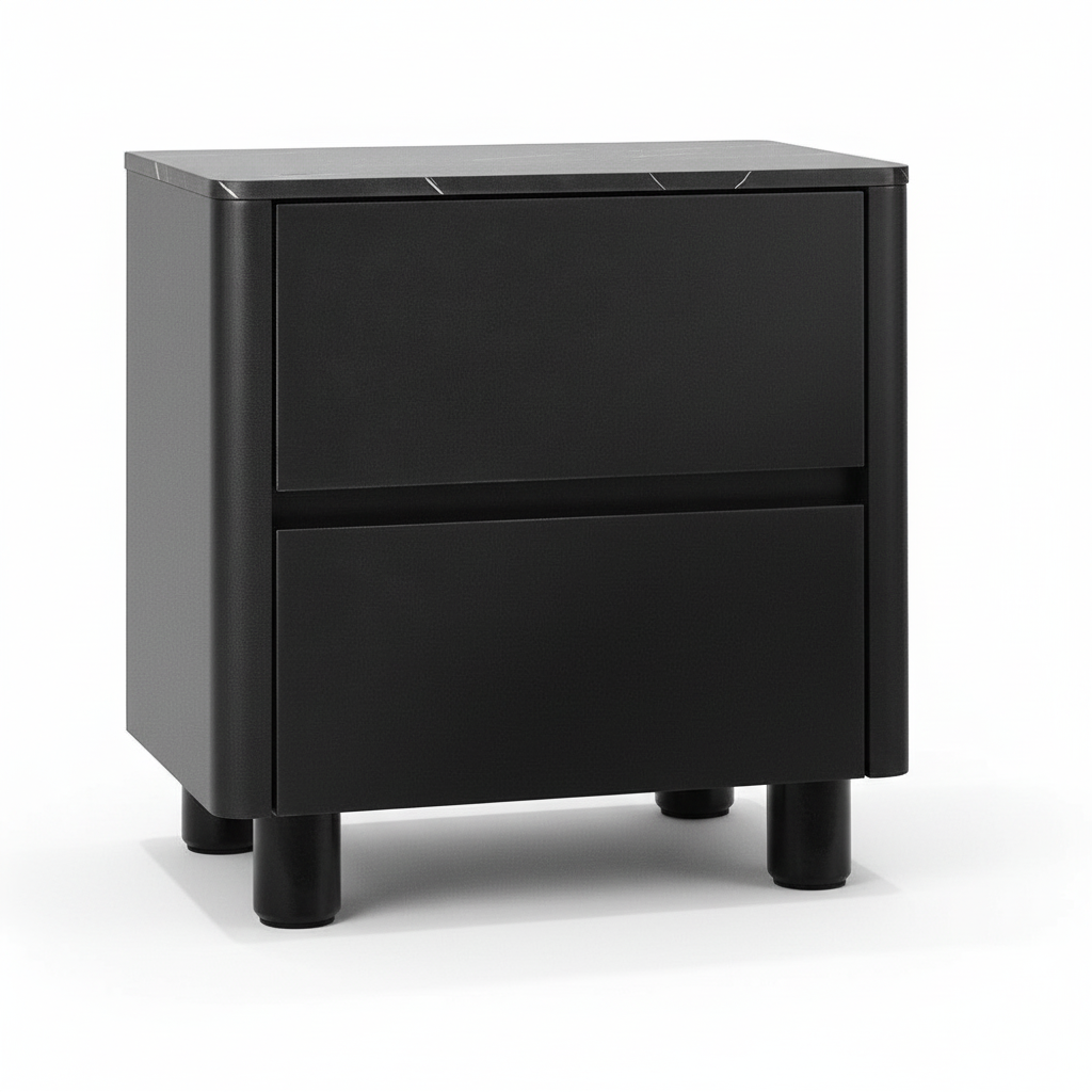 Direct Furniture Depot Hayes bedside table in black with a faux marble-effect top and two handle-free drawers.