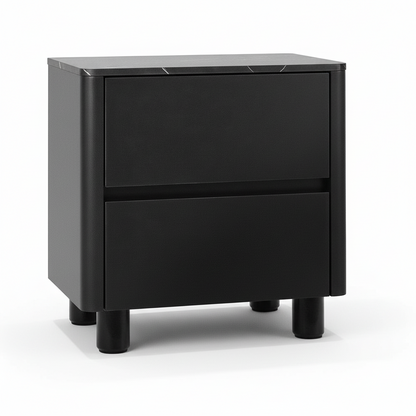 Direct Furniture Depot Hayes bedside table in black with a faux marble-effect top and two handle-free drawers.