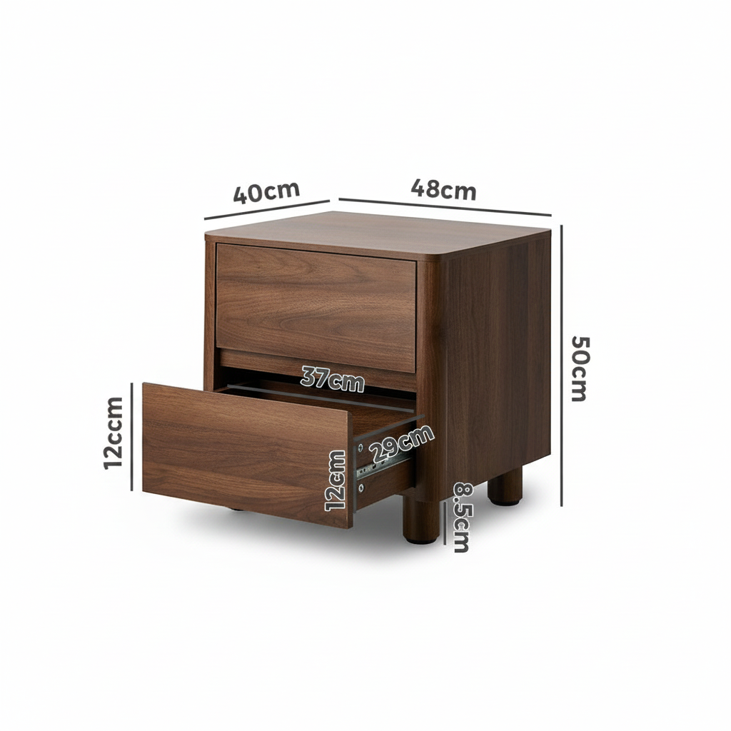 Direct Furniture Depot Hayes walnut bedside table with two drawers, curved front, and woodgrain finish with dimensions.