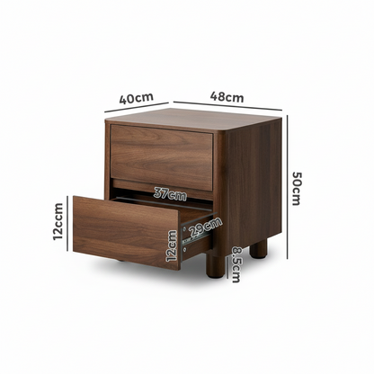 Direct Furniture Depot Hayes walnut bedside table with two drawers, curved front, and woodgrain finish with dimensions.