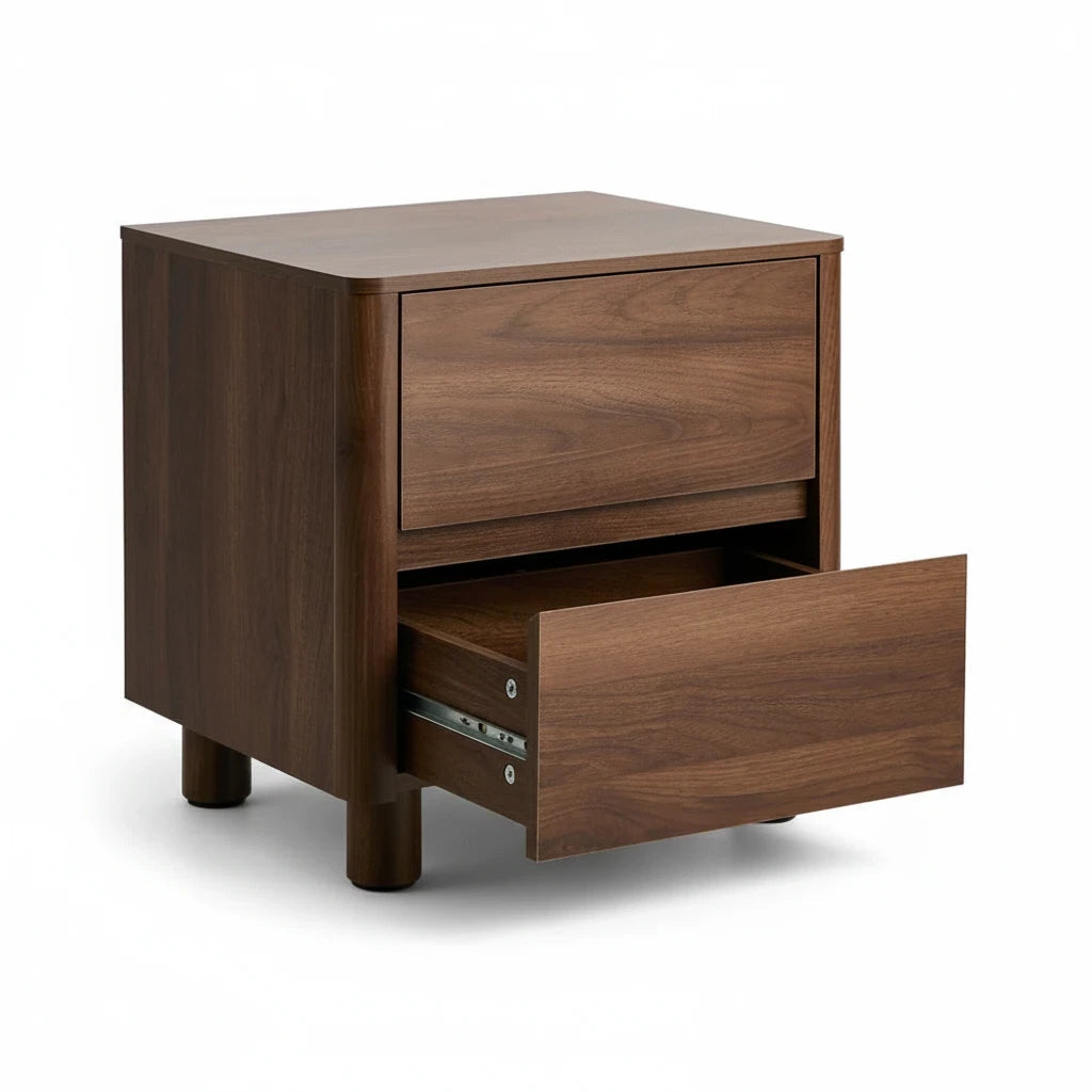 Direct Furniture Depot Hayes bedside table in walnut wood finish with two drawers and curved front design