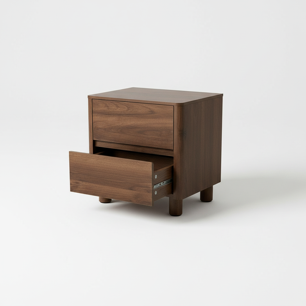 Direct Furniture Depot Hayes walnut bedside table with two drawers and curved front design on a white background