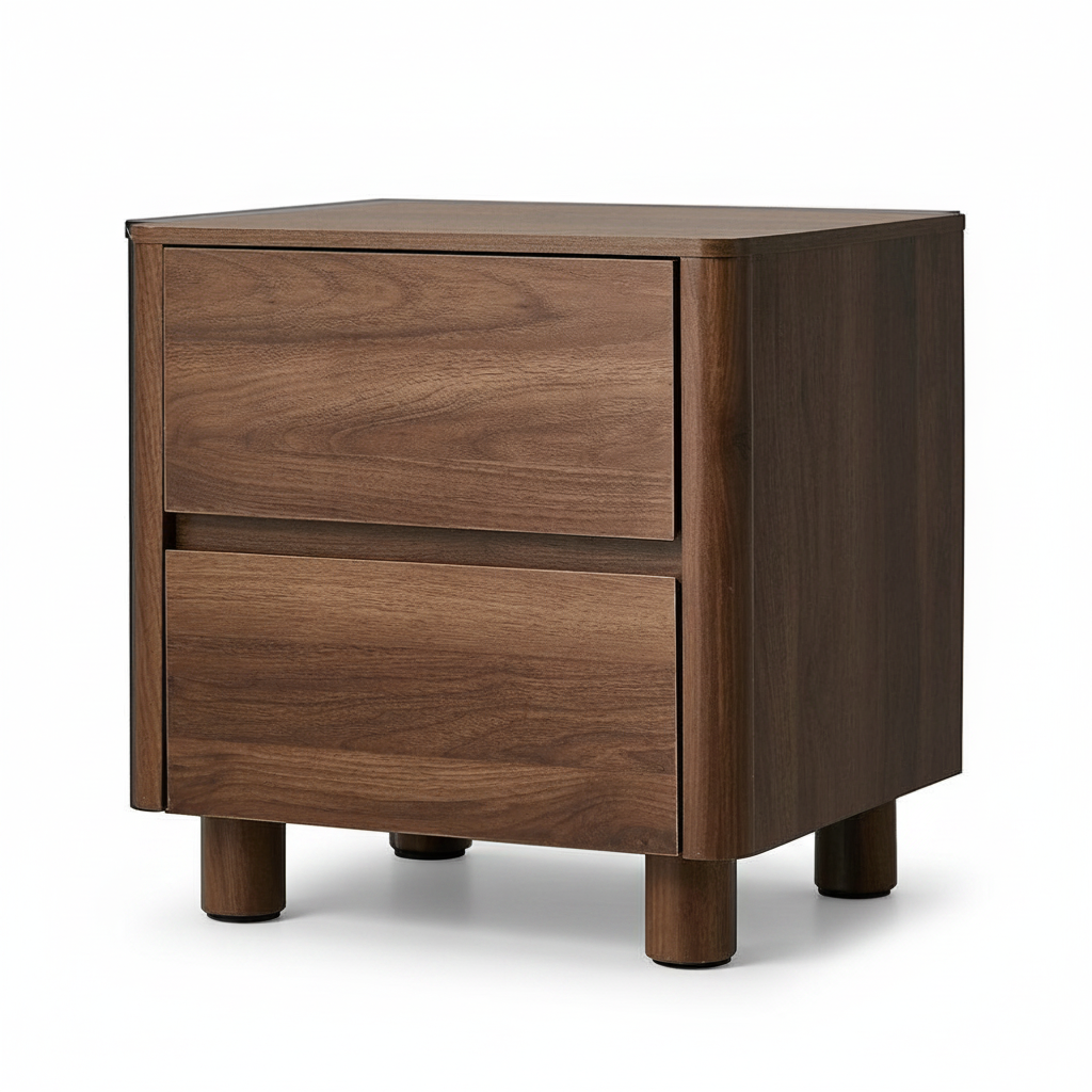 Direct Furniture Depot Hayes bedside table in walnut finish with two handle-free drawers and curved front design.