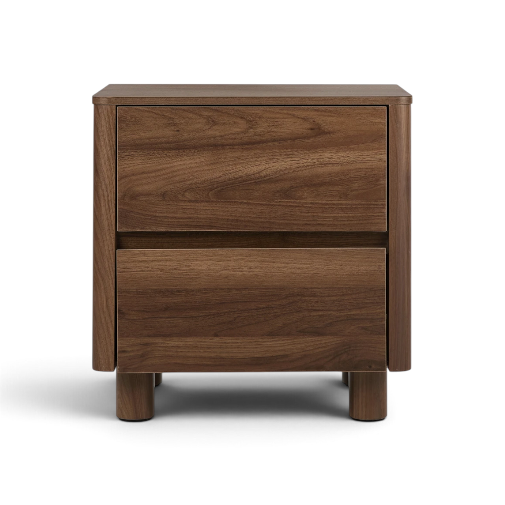 Direct Furniture Depot Hayes bedside table in walnut woodgrain with two handle-free drawers and curved front edges.