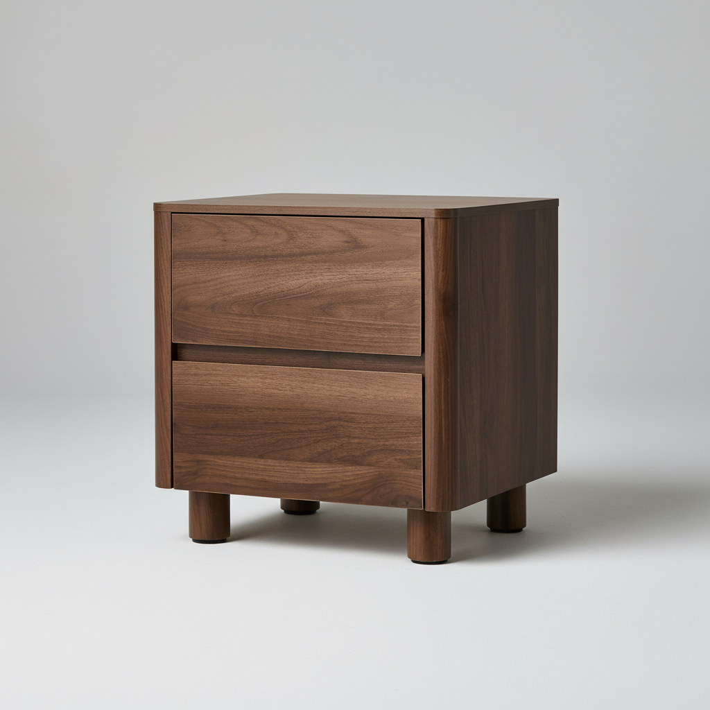 Direct Furniture Depot Hayes bedside table in walnut finish with two handle-free drawers and sturdy gum wood legs.