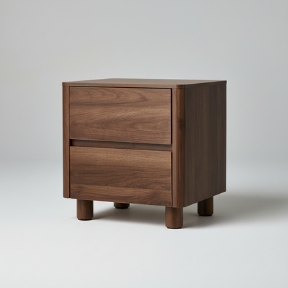 Direct Furniture Depot Hayes bedside table in walnut finish with two handle-free drawers and sturdy gum wood legs.