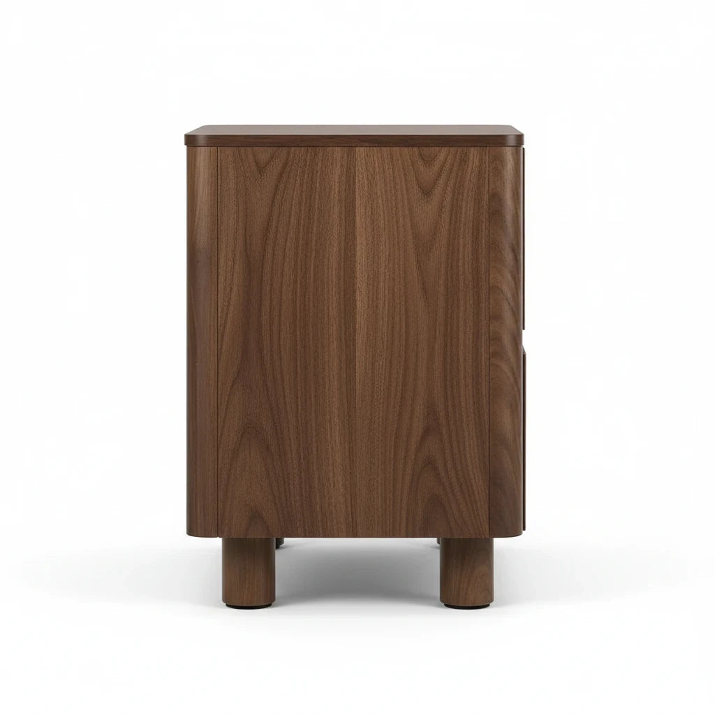 Direct Furniture Depot Hayes bedside table in walnut woodgrain with curved front and sturdy gum wood legs
