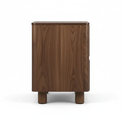 Direct Furniture Depot Hayes bedside table in walnut woodgrain with curved front and sturdy gum wood legs