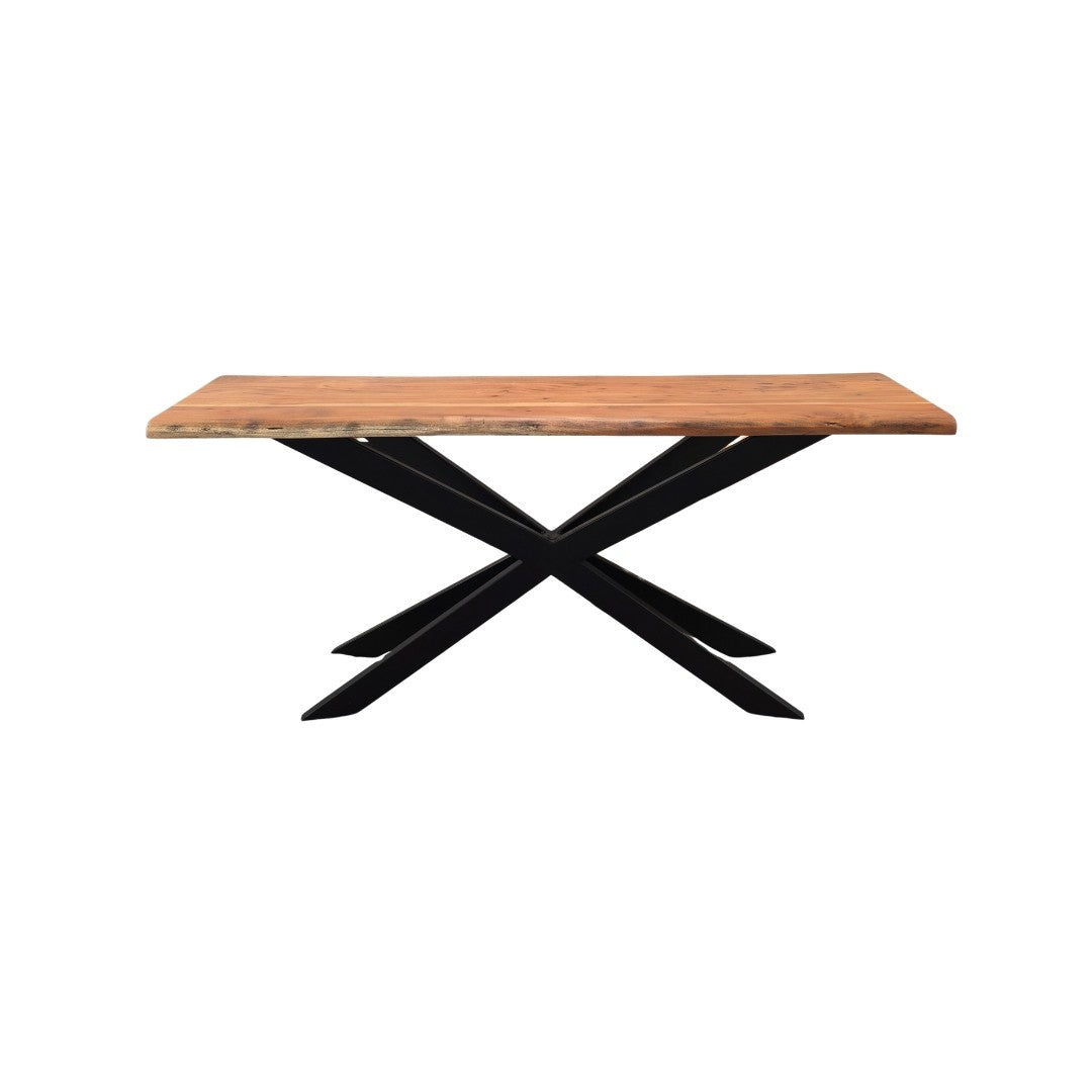 Direct Furniture Depot rectangular live edge dining table with natural wood grain top and black metal X-shaped base