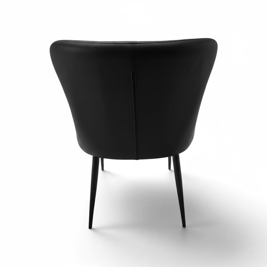 Direct Furniture Depot Miami dining chair in black with a curved backrest and slim black metal legs, rear view.