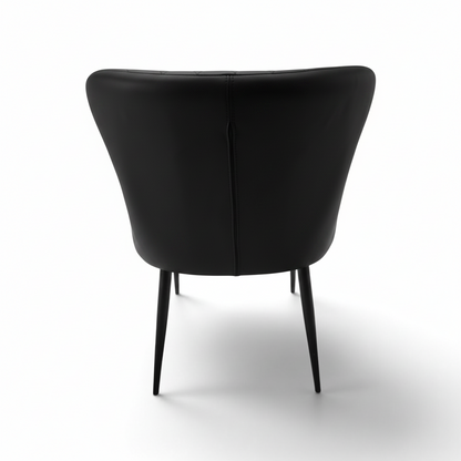 Direct Furniture Depot Miami dining chair in black with a curved backrest and slim black metal legs, rear view.