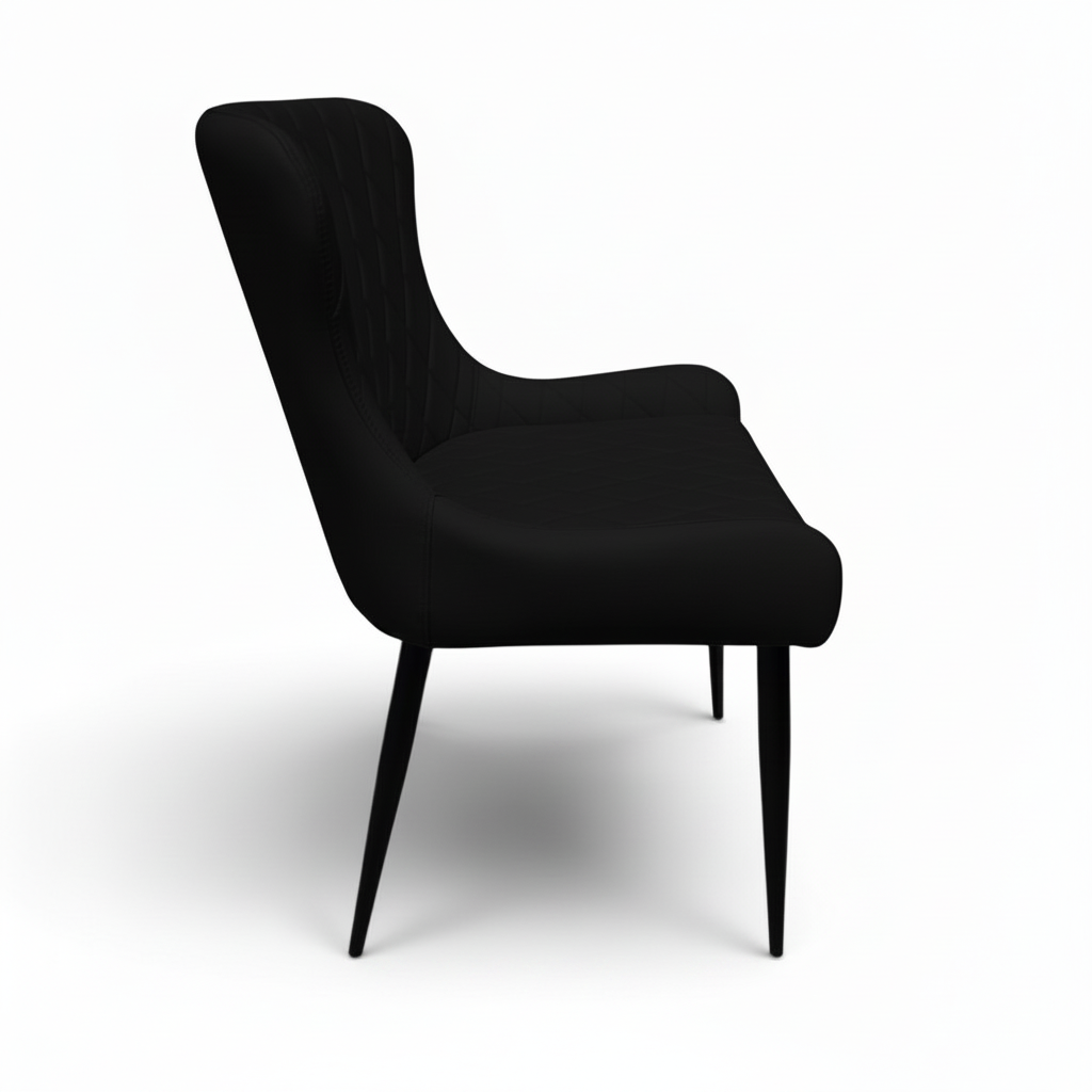 Direct Furniture Depot Miami black dining chair with diamond-pattern stitching and slim black metal legs, side view.