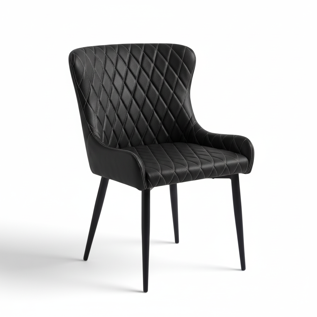 Direct Furniture Depot Miami dining chair in black with diamond-pattern stitching and slim black metal legs.