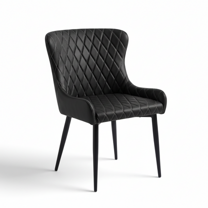 Direct Furniture Depot Miami dining chair in black with diamond-pattern stitching and slim black metal legs.